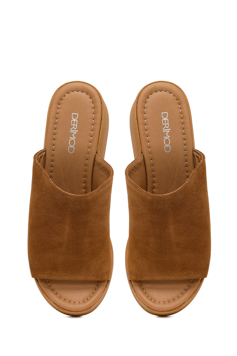 Woman Tan Wedge-Heel Suede Leather Slippers