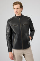 Morant Men's Black Mandarin Collar Leather Jacket | Derimod