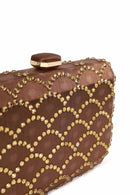 Woman Bronze Long Chain Strap Rhinestone Mini Clutch Evening Bag | Derimod