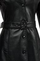 Lilian Woman Black Long Leather Coat | Derimod