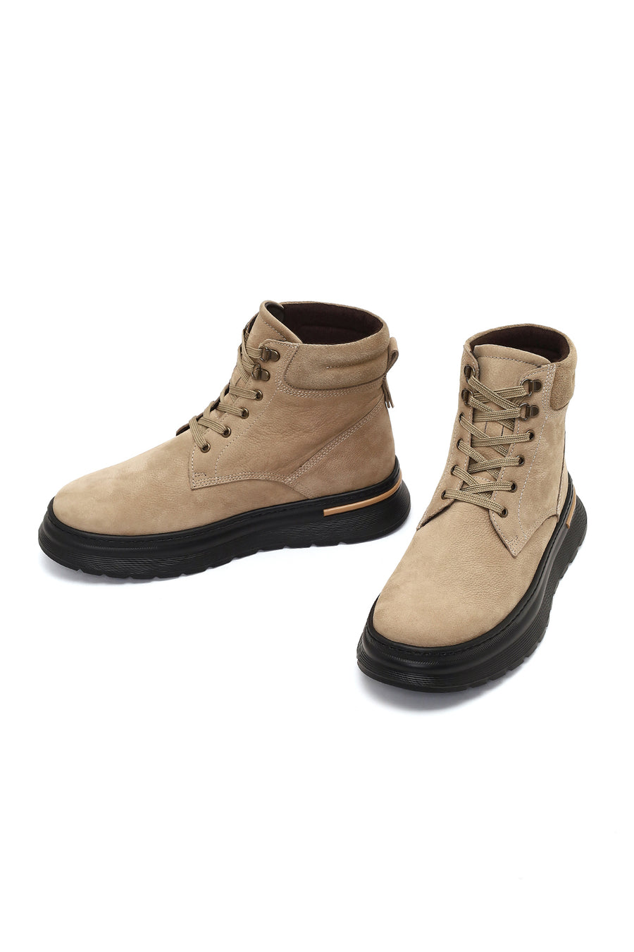 Men's Beige Lace-Up Thick-Soled Nubuck Leather Boots