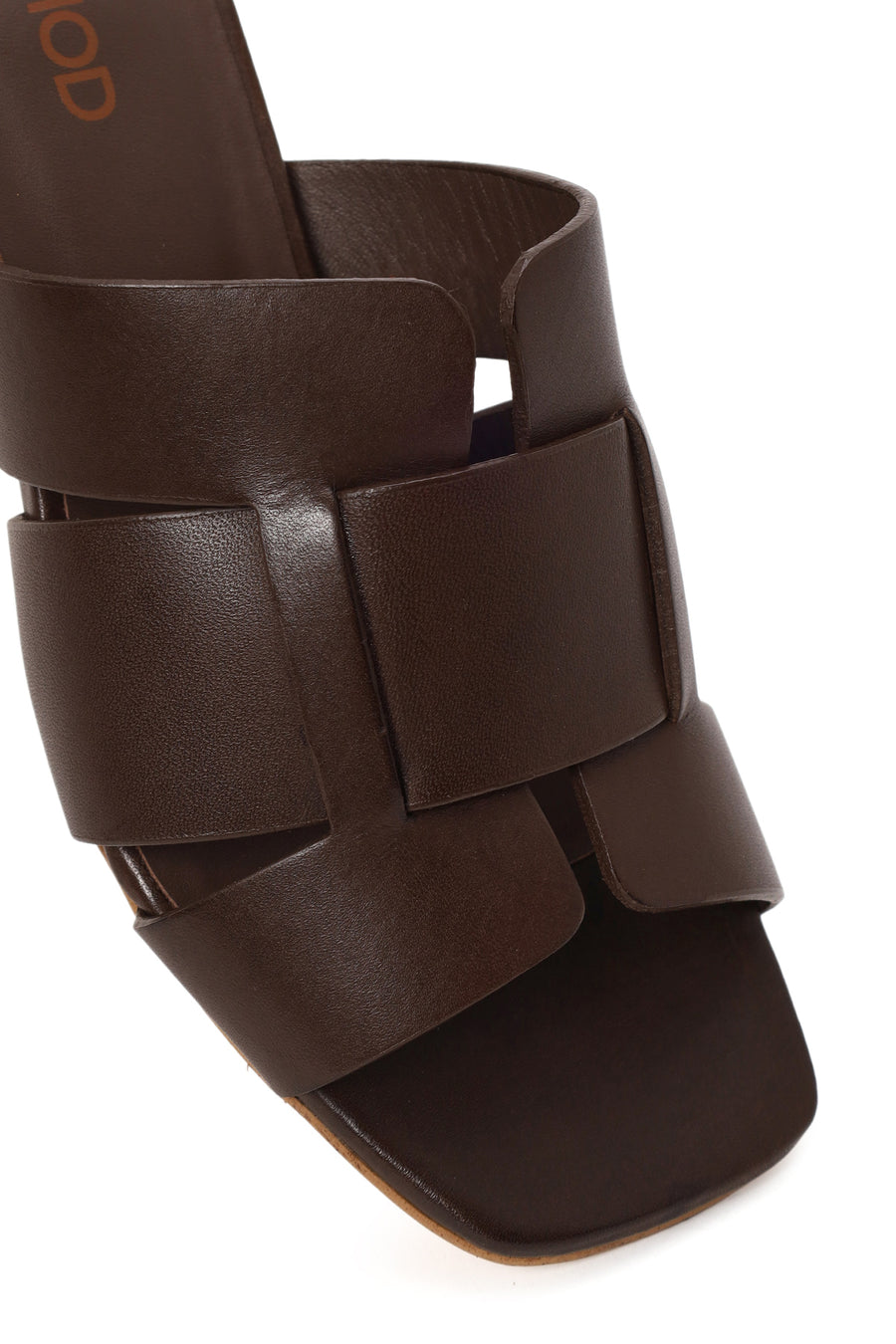 Woman Brown Short Thick-Heeled Leather Slipper