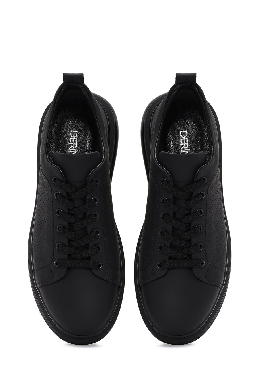 Erkek Siyah Bağcıklı Delikli Deri Sneaker