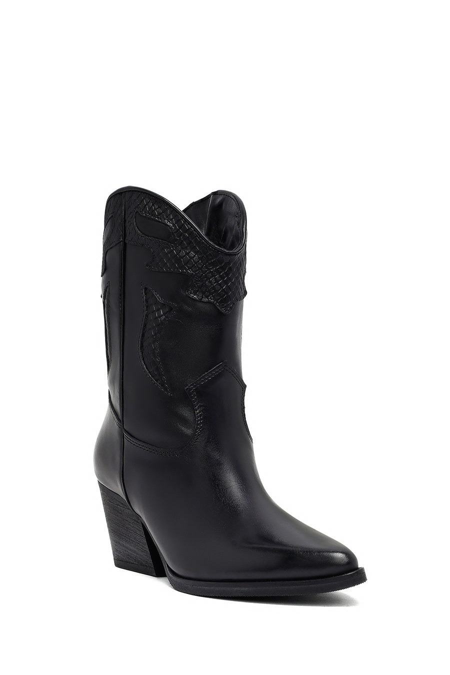 Woman Black Short Chunky Heel Leather Cowboy Boots