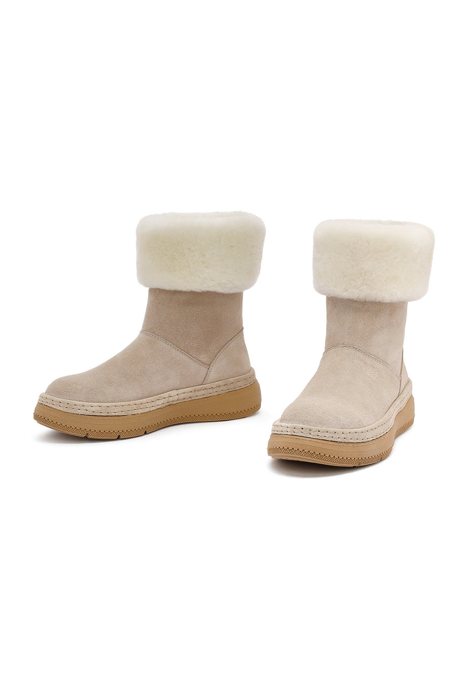 Woman Beige Thick-Soled Suede with Fur Detail Leather Boat