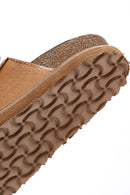 Women's Tan Leather Thick Soled Comfort Slippers | Derimod