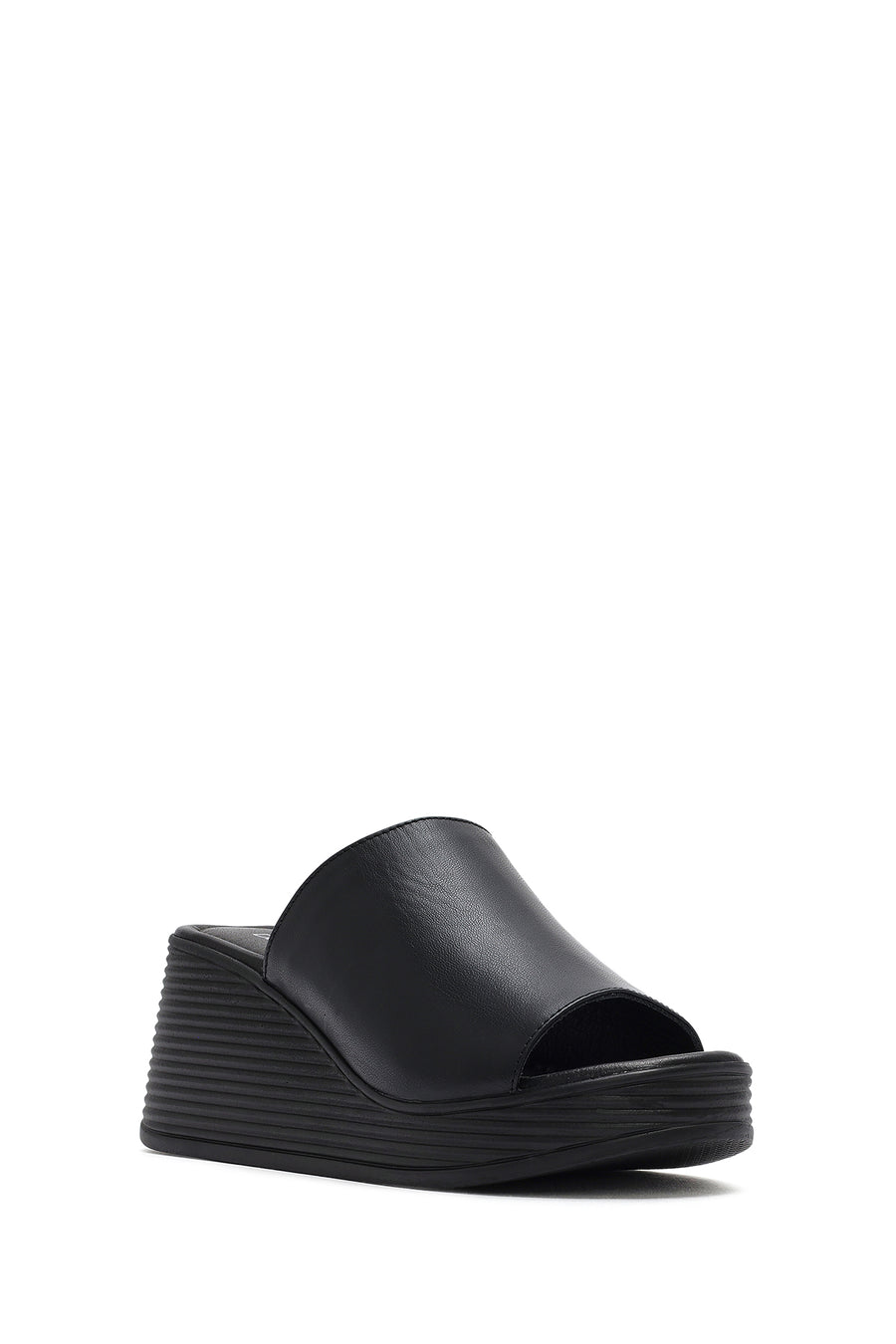Women's Black Wedge Heeled Leather Slippers