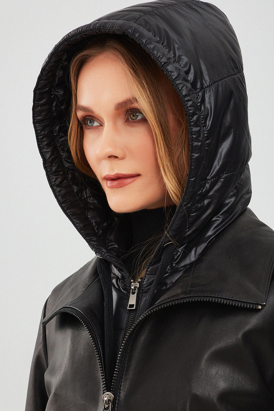 Tyler Women's Black Oversize Double Collar Hooded Leather Coat