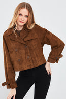 Tracy Women's Brown Short Suede Leather Coat | Derimod