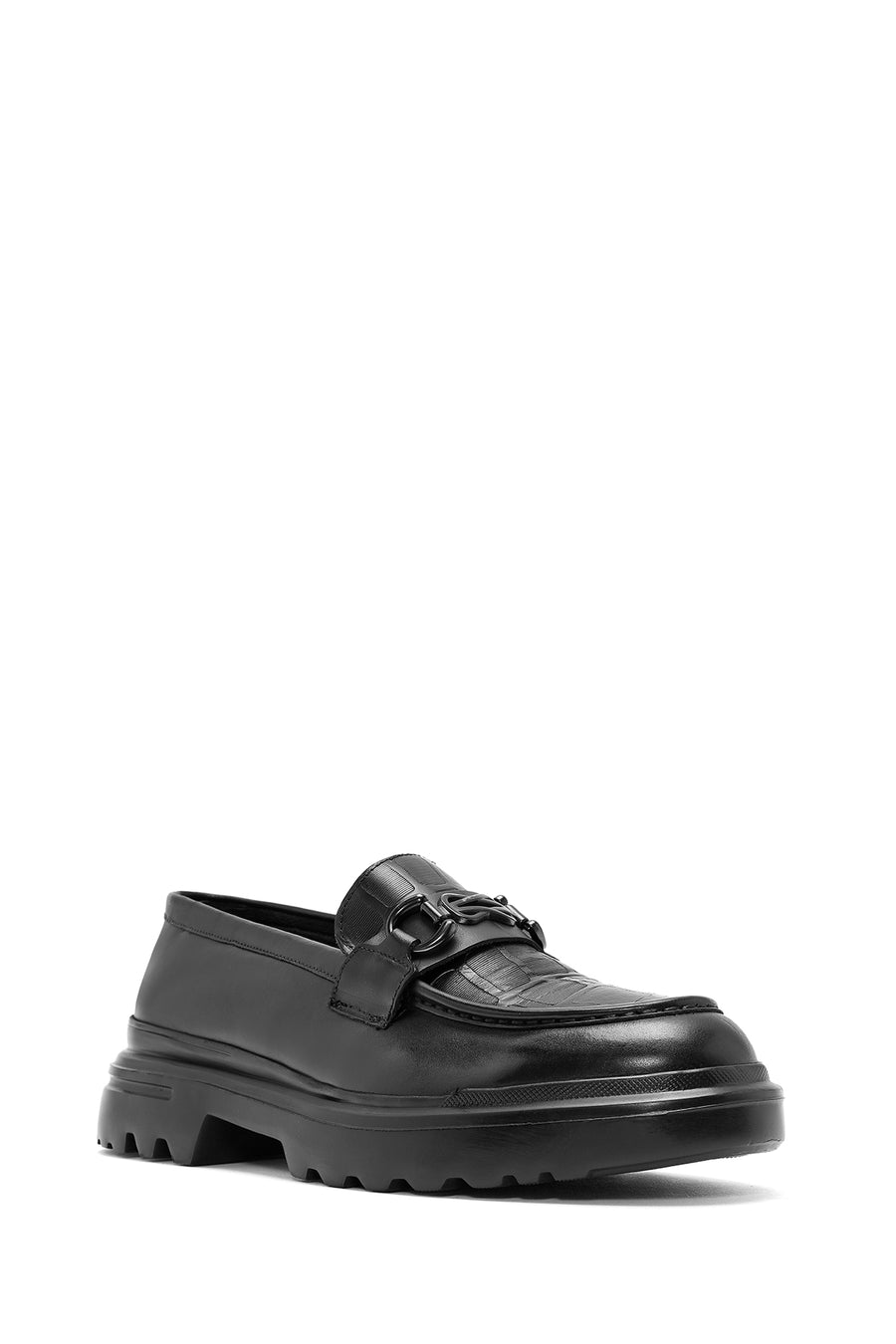Men's Black Printed Buckle Detailed Leather Loafer