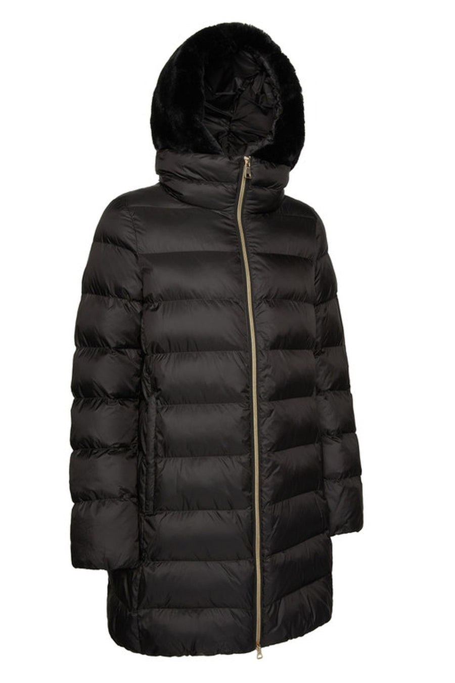 Geox Women's Black Desya Double Collar Hooded Fur Coat