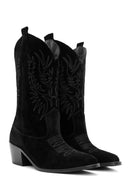 Women's Black Suede Leather Heeled Cowboy Boots | Derimod