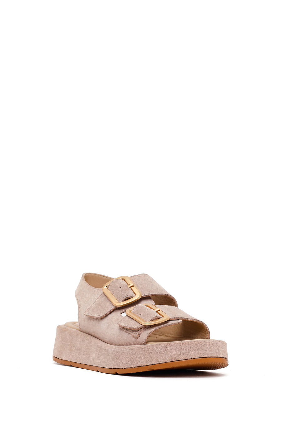 Woman Beige Double-Buckle Thick-Soled Suede Leather Comfort Sandal