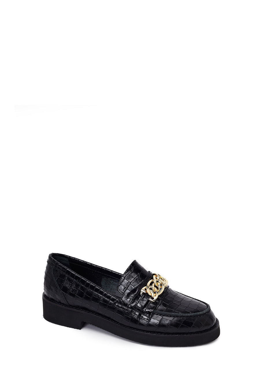 Women's Black Crocodile Patterned Chain Detailed Leather Masculine Loafer