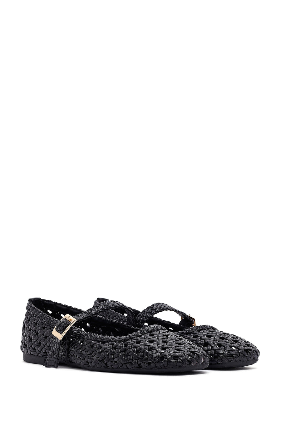 Women's Black Buckled Braided Ballerinas