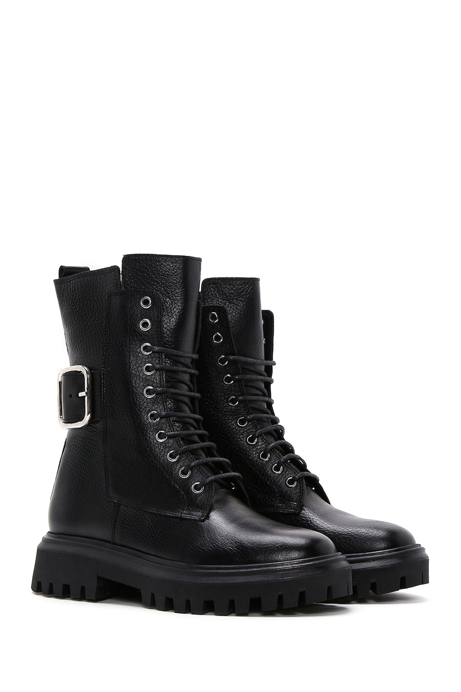 Women's Black Leather Buckle Zippered Boots