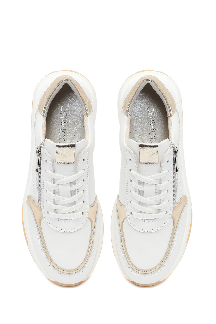 Kadın Beyaz Bağcıklı Fermuarlı Kalın Tabanlı Deri Sneaker