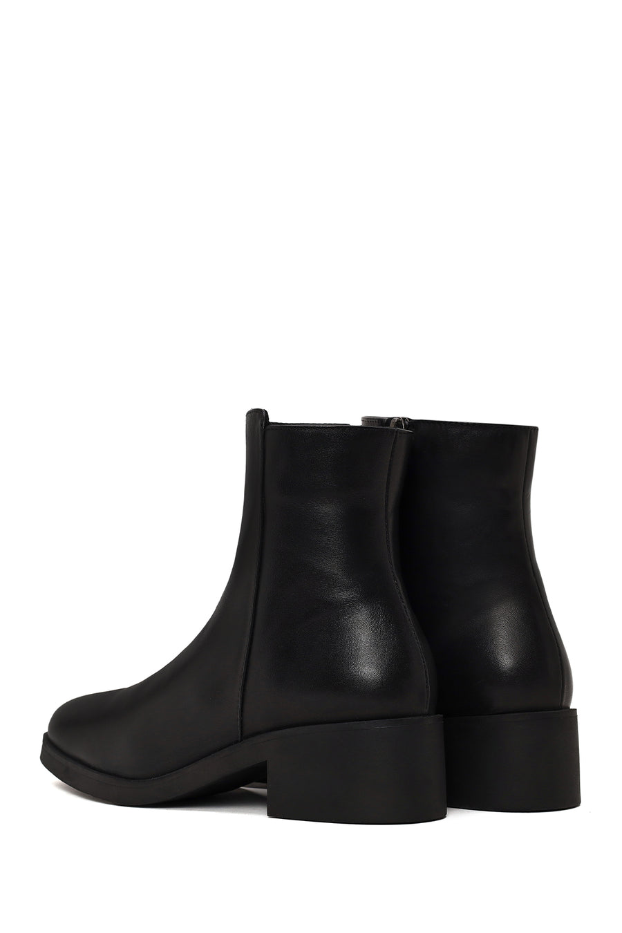 Woman Black Zip Closure Short Thick-heeled Leather Boots
