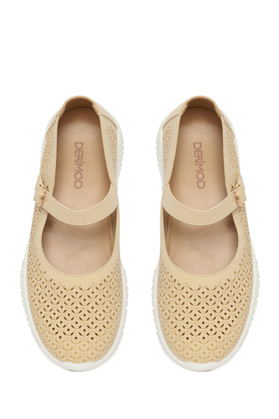 Woman Beige Patterned Suede Comfort Buckle Shoes