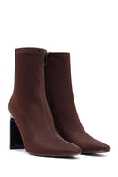Woman Brown Zip Closure High Thick-Heeled Fabric Boots | Derimod
