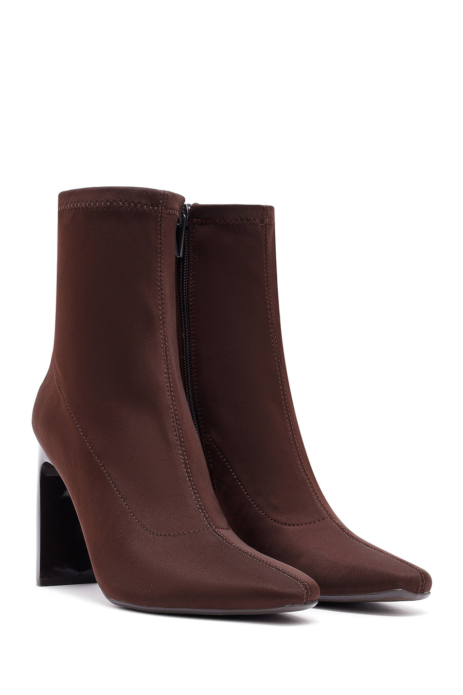 Woman Brown Zip Closure High Thick-Heeled Fabric Boots