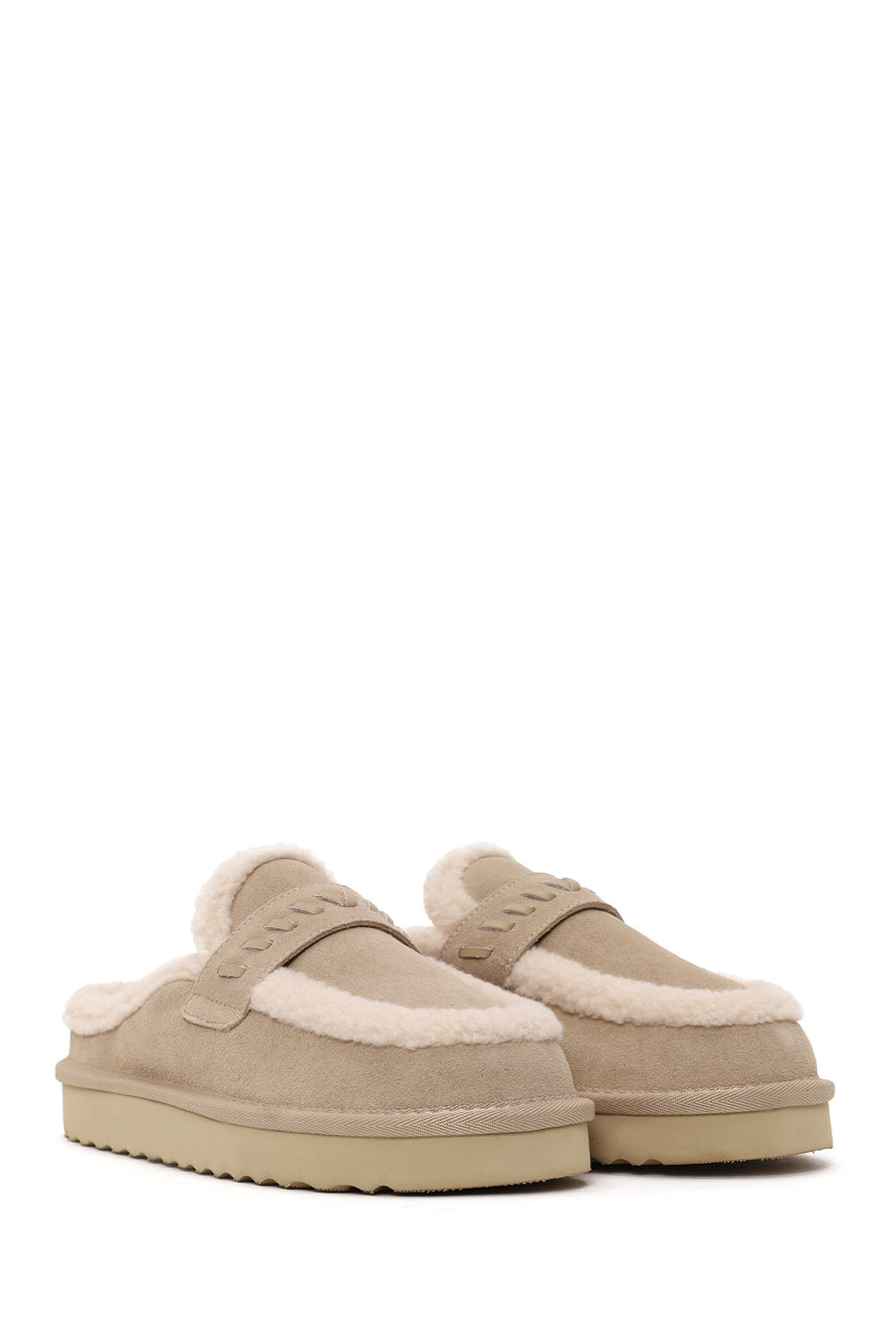 Woman Beige Thick-Soled Fur-Lined Suede Teddy Slipper