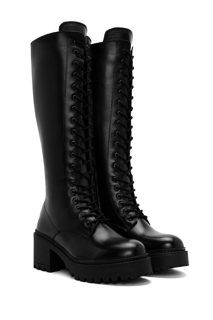 Women's Black Lace-Up Zipper Detailed Thick Heeled Leather Boots