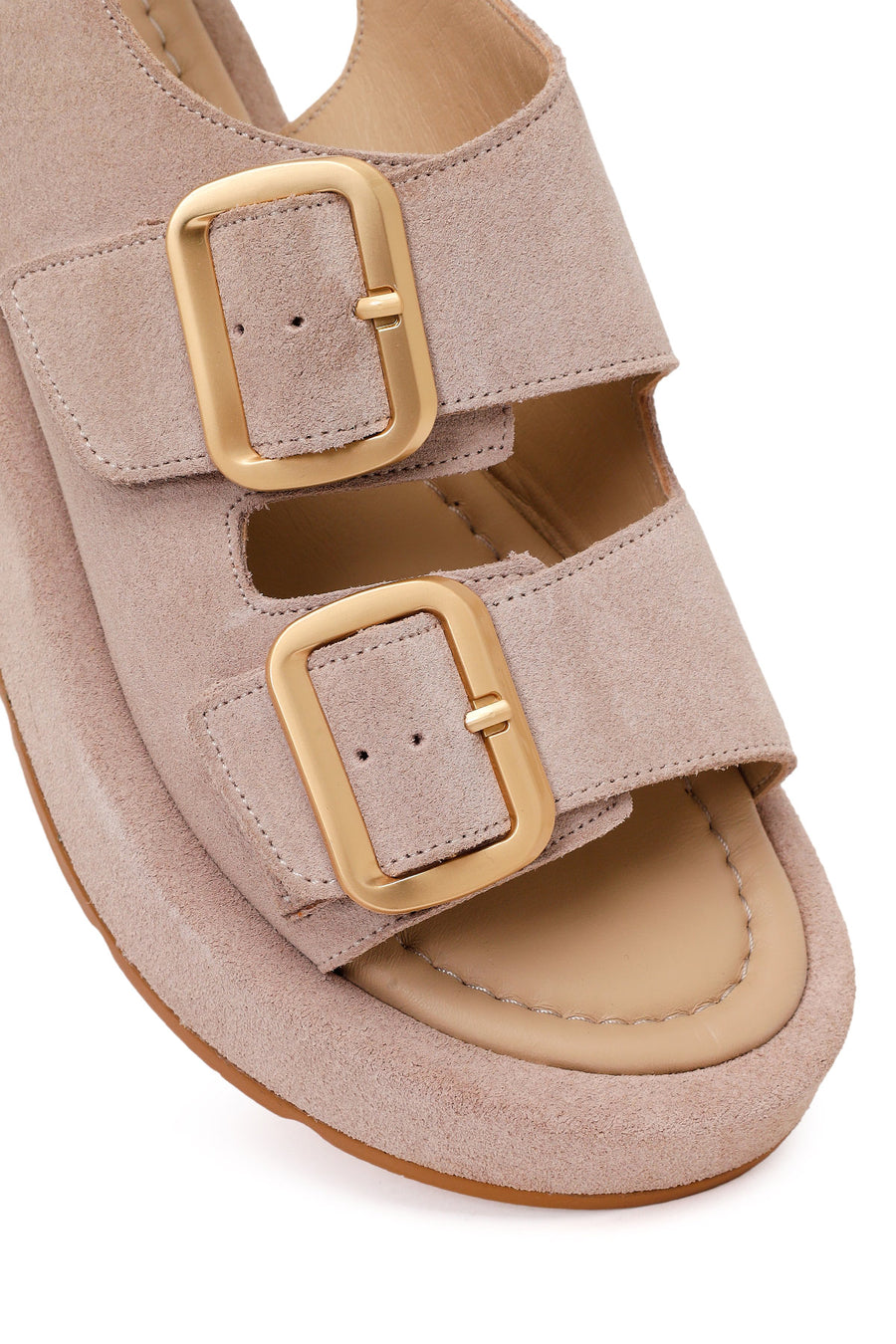 Woman Beige Double-Buckle Thick-Soled Suede Leather Comfort Sandal