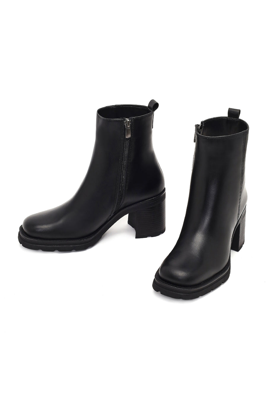 Women's Black Zippered Thick Heeled Leather Boot