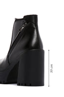 Woman Black Zip Closure Thick-Heeled Leather Boots | Derimod