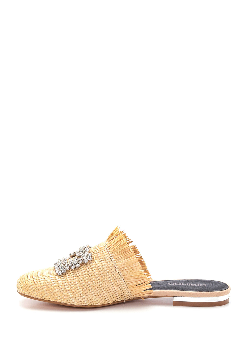 Women's Beige Straw Stone Flat Slippers