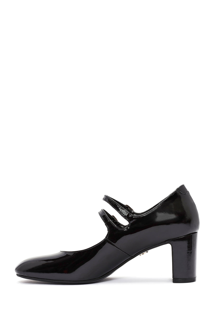 Women's Black Double Buckle Thick Heel Patent Leather Mary Jane Shoes