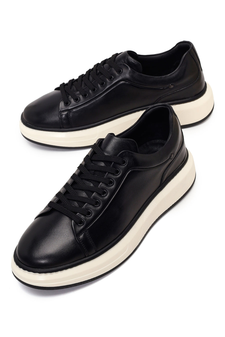 Erkek Siyah Bağcıklı Kalın Tabanlı Deri Sneaker