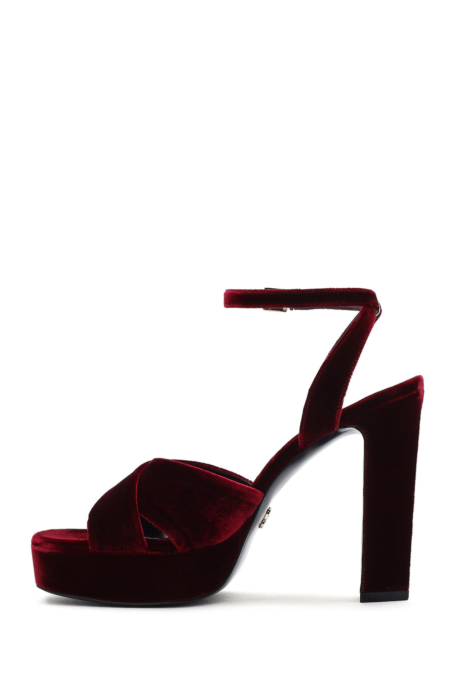 Women's Burgundy Ankle Buckle Platform High Thick Heel Velvet Sandals