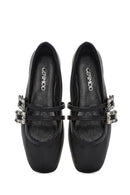 Women's Black Double Buckled Stoned Leather Ballerinas | Derimod