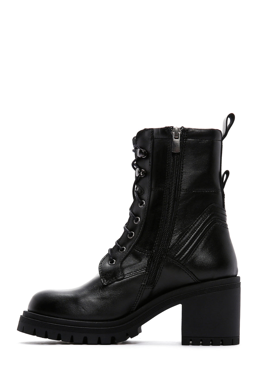 Women's Black Leather Zippered Heeled Boots