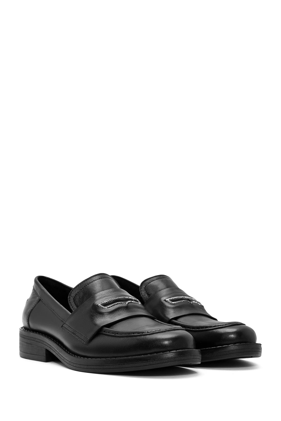Women's Black Stone Detailed Leather Masculine Loafer