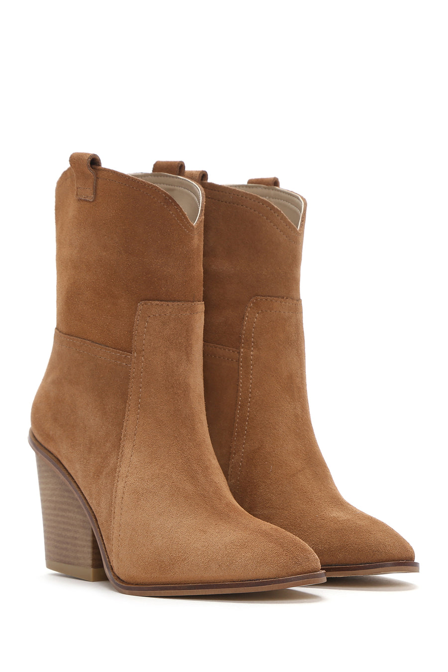 Women's Tan Thick Heeled Suede Cowboy Boots