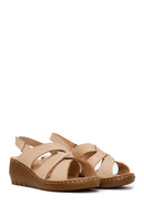 Woman Beige Wedge-Heeled Leather Comfort Sandal | Derimod