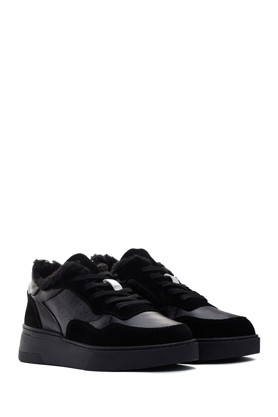 Women's Black Thick Sole Furry Leather Sneaker