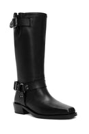 Women's Black Buckle Detailed Leather Cowboy Boots | Derimod