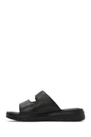 Women's Black Double-Striped Leather Comfort Slippers | Derimod