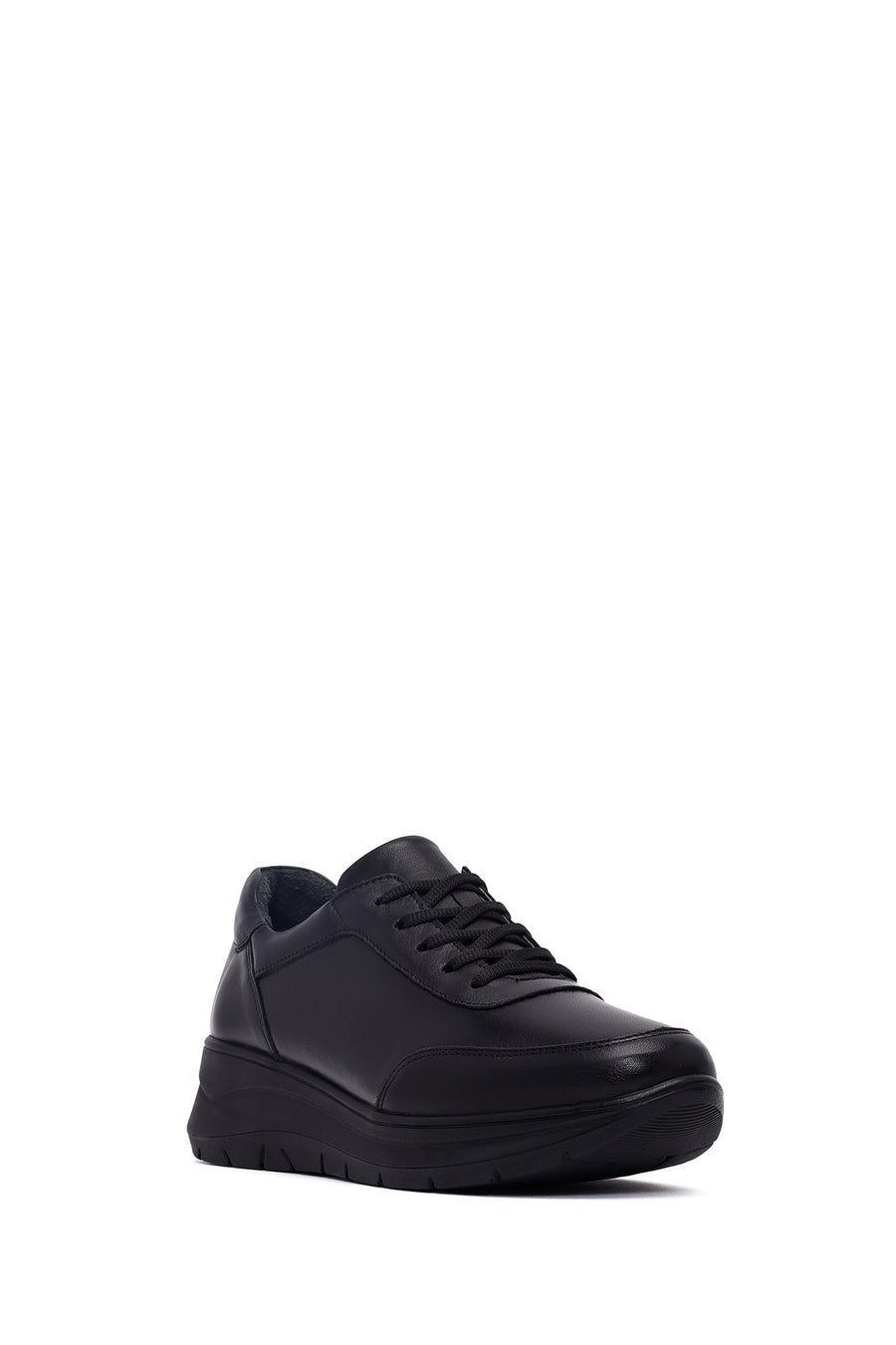 Kadın Siyah Bağcıklı Kalın Tabanlı Deri Sneaker