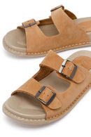 Woman Beige Double-Buckle Leather Comfort Slipper | Derimod