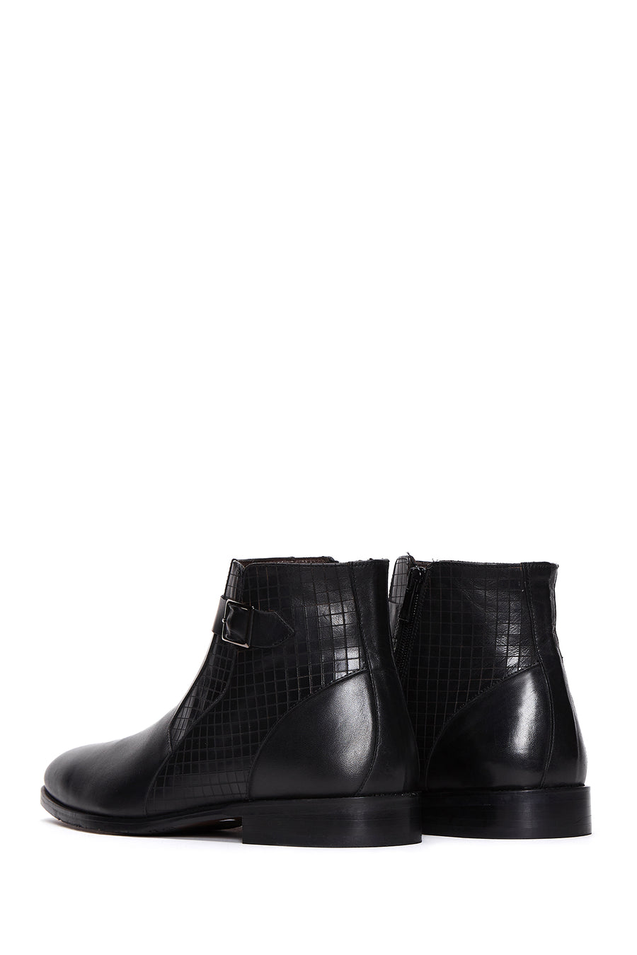 Men's Black Buckle Detailed Leather Classic Zipper Boots