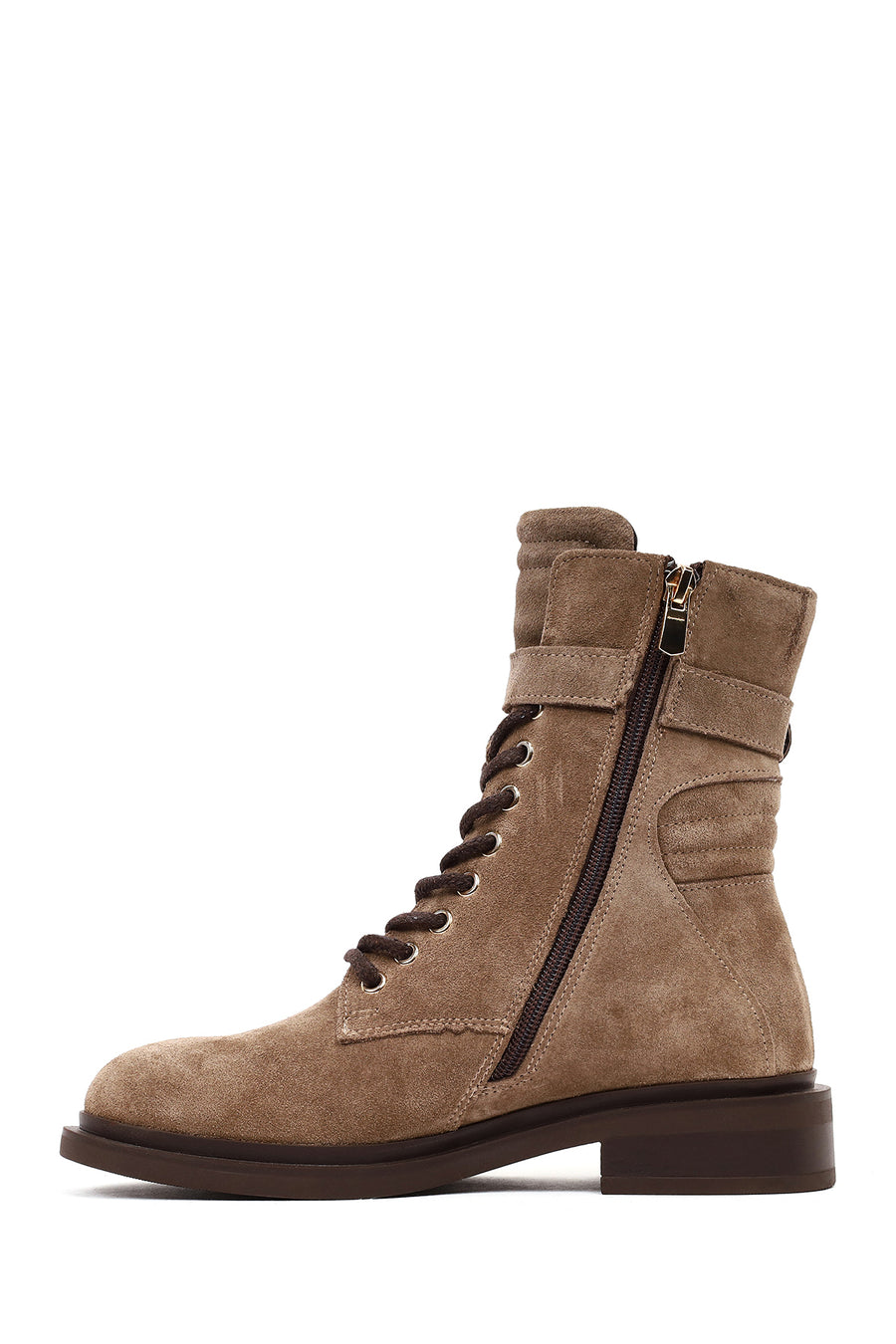 Woman Mink Zip Closure Lace-up Suede Combat Boots