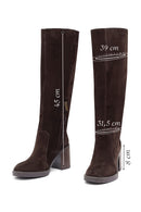 Woman Brown Zippered Chunky Heel Suede Leather Boot | Derimod