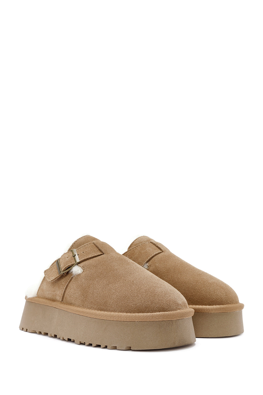 Women's Camel Thick-Soled Fur Detailed Suede Leather Slippers