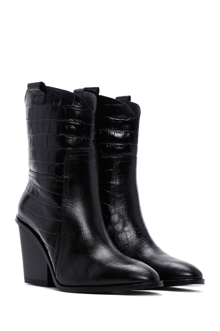 Women's Black Leather Heeled Cowboy Boots