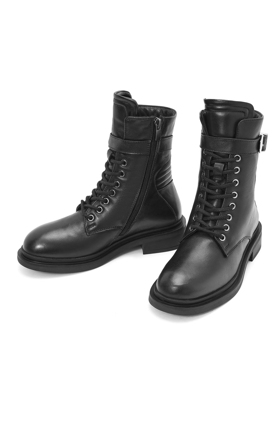 Woman Black Zip Closure Leather Combat Boots